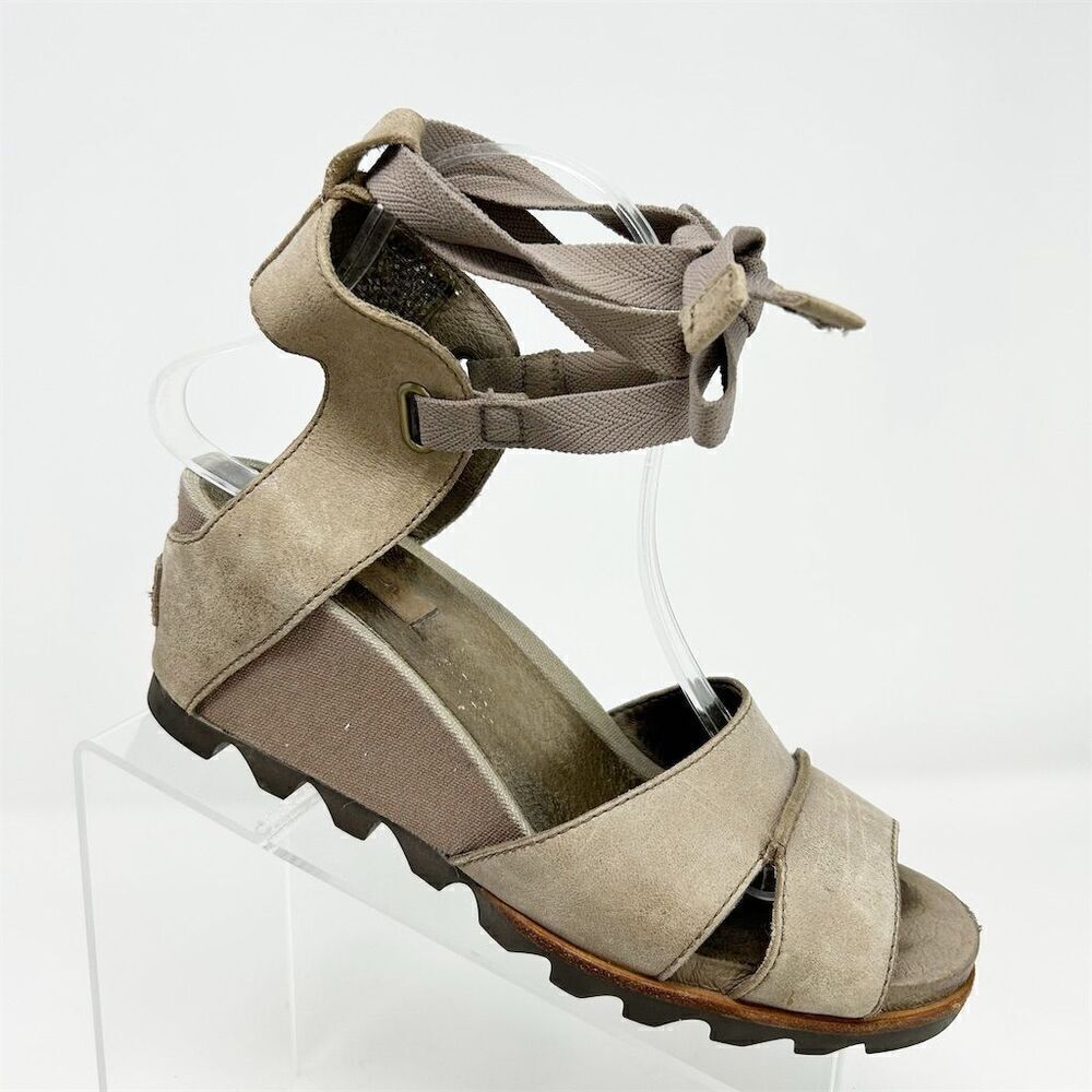 Sorel Women's Joanie Ankle Wrap Beige Leather Wedge Sandals Size 8.5 Summer